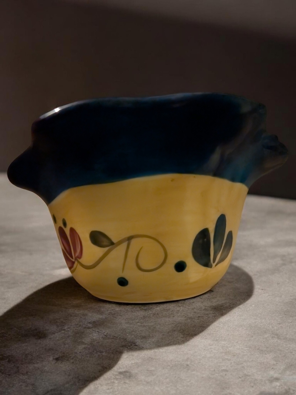 Hand-Painted Yellow and Blue Ceramic Decorative Bowl